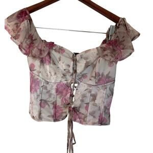 Lace-up Floral Mesh Corset Top Small Pink Blush Floral